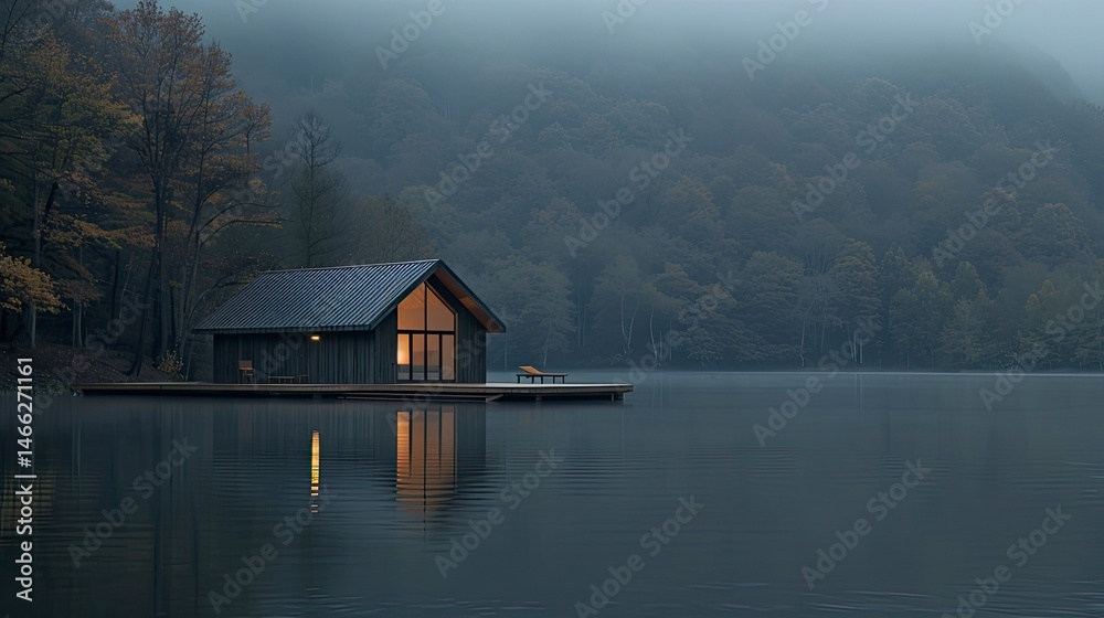 Fototapeta premium Misty lake cabin Tranquil, wooden home on water, nestled in foggy forest