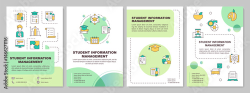 Student information systems green circle brochure layout. Educational materials. Leaflet advertising design with color line icons. Editable 4 pages. Arial-Bold, Myriad Pro-Regular fonts used