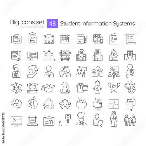 Student information systems line icons set. Dress code, school uniform. Competition trophy, achievement. Isolated vector outline illustrations. Thin lineart iconset symbols. Editable stroke