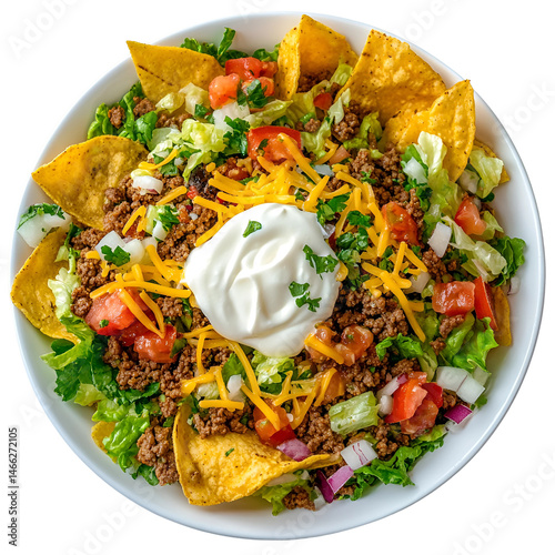 Crispy taco salad with ground beef, cheese, and sour cream isolated on transparent background