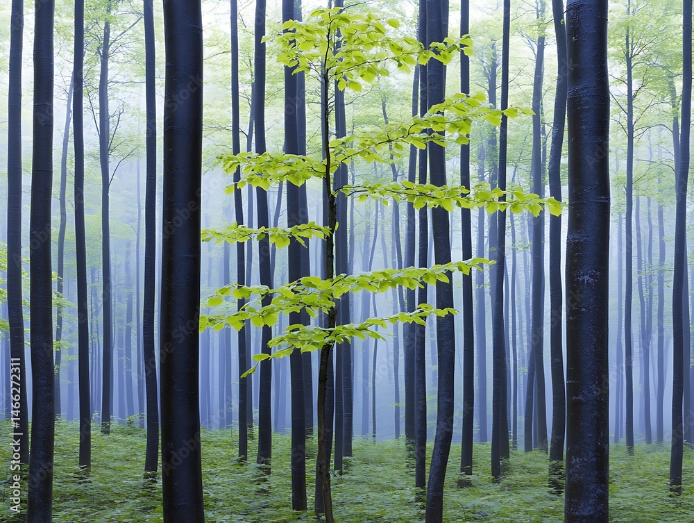 Fototapeta premium Serene Springtime Forest Young Tree Emerging Amidst Misty Blue Beech Trees