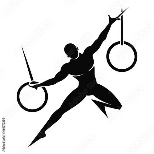 Gymnast performing rings exercise on white background