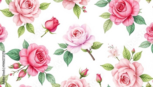 Delicate watercolor roses & leaves, repeat pattern, stock, clipart, repeat