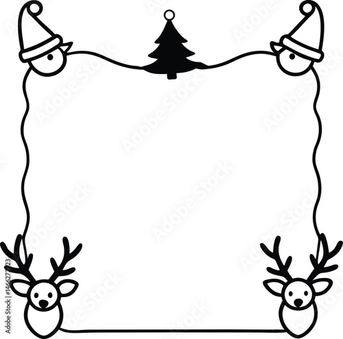Christmas card design with cute cartoon reindeer and deer illustration in a festive winter frame