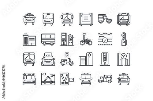 Vector Line Icons of Various Transportation and Urban Elements