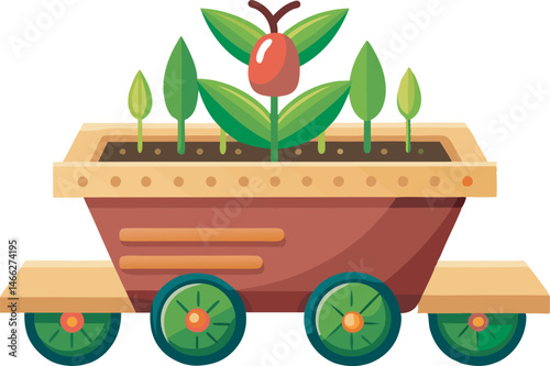 A detailed vector art illustration of a seed planter machine, showcasing agricultural equipment planting seeds in neat rows across fertile farmland.