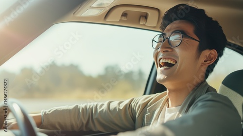 Happy Korean Man Enjoying a Joyful Drive