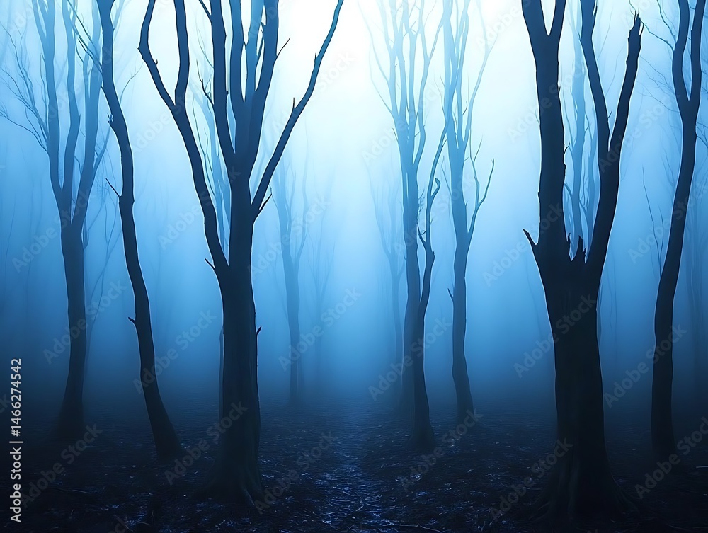 Obraz premium Mysterious Blue Fog Envelops Leafless Trees in a Spooky Forest A Dark and Eerie Atmosphere