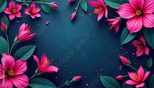 Bold fuchsia blossoms, intricate leafy pattern, fabric, tropical, pattern