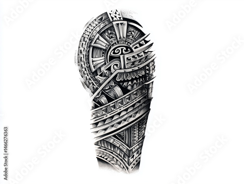Detailed black and white sketch of a Polynesian tribal sleeve tattoo with traditional geometric patterns and symbols, on pure white background, no arm or hand