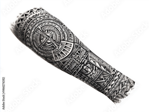 
Detailed black and white sketch of a Polynesian tribal sleeve tattoo with traditional geometric patterns and symbols, on pure white background, no arm or hand