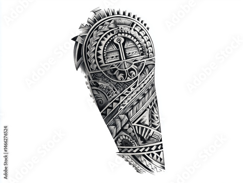 Detailed black and white sketch of a Polynesian tribal sleeve tattoo with traditional geometric patterns and symbols, on pure white background, no arm or hand