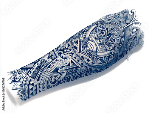 
Intricate Polynesian sleeve tattoo design featuring tiki masks, waves, and spear motifs, bold lines on white background, no arm or hand