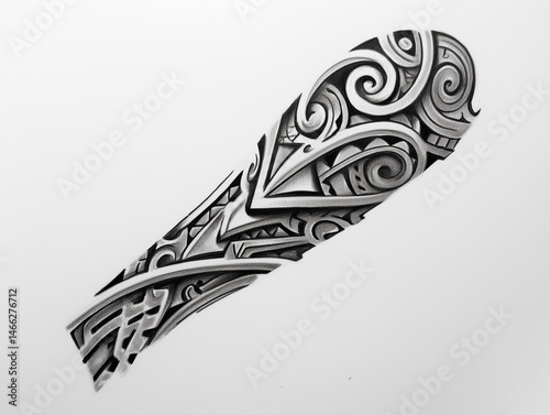 
Intricate tribal sleeve tattoo design sketch, bold lines and shading, isolated on white background, no arm or hand