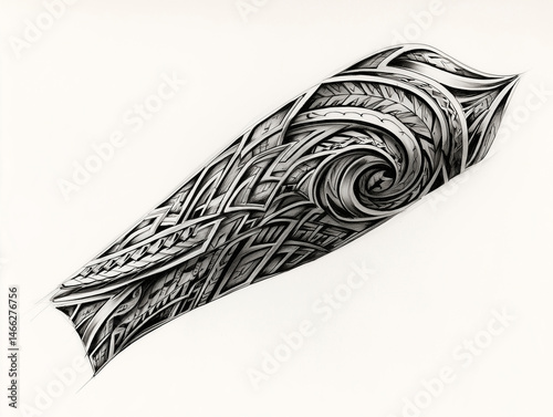 
Intricate tribal sleeve tattoo design sketch, bold lines and shading, isolated on white background, no arm or hand
