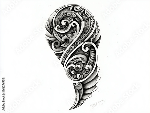 Intricate tribal sleeve tattoo design sketch, bold lines and shading, isolated on white background, no arm or hand