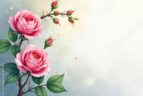 Delicate watercolor rose buds, climbing vines , botanical, graphics, summer