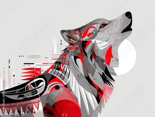 native american totem design of wolf in red black and white on solid white background

