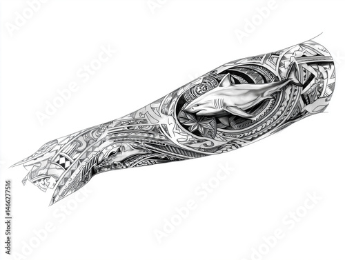 
Sketch of a Polynesian sleeve tattoo with turtle and shark symbols, detailed linework on white background, no arm or hand

