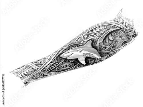 
Sketch of a Polynesian sleeve tattoo with turtle and shark symbols, detailed linework on white background, no arm or hand

