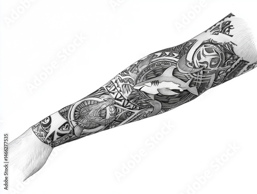 
Sketch of a Polynesian sleeve tattoo with turtle and shark symbols, detailed linework on white background, no arm or hand

