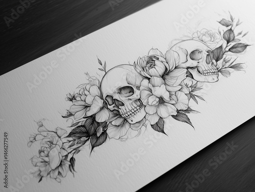 Sketch of a sleeve tattoo with floral skulls and roses, black and white on white background, no arm or hand
