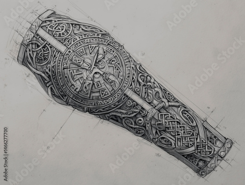Sketch of a sleeve tattoo with Celtic knots and ancient symbols, detailed linework on white background, no arm or hand