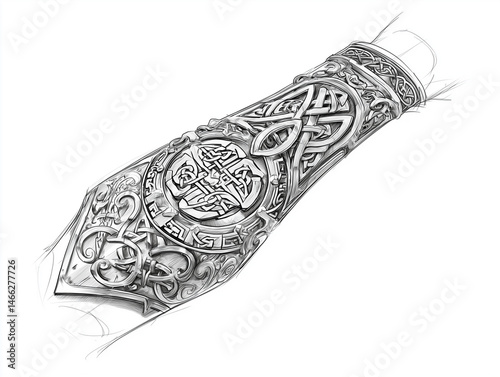 Sketch of a sleeve tattoo with Celtic knots and ancient symbols, detailed linework on white background, no arm or hand