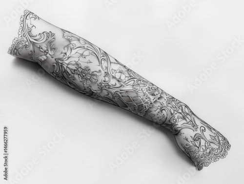 Sketch of a sleeve tattoo with intricate lace and filigree patterns, delicate line art on white background, no arm or hand
