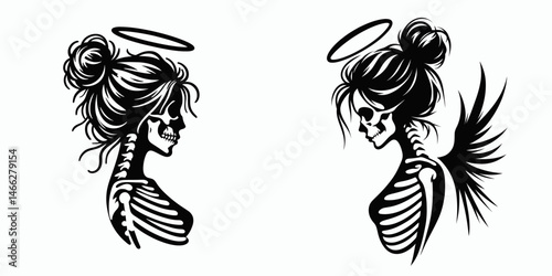 Female Skeleton with Messy Bun Angel. Clipart silhouette vector illustration. Feminine bony figure unkempt hairdo ethereal protector heavenly being.