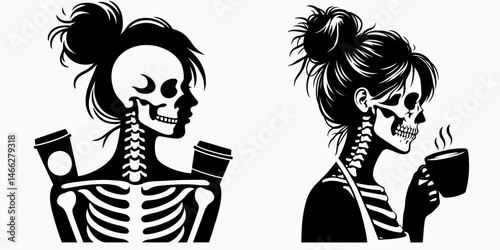 Female Skeleton with Messy Bun Barista. Clipart silhouette vector illustration. Bony woman server coiffed in untidy knot cafe occupation concept.