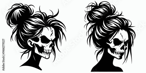 Female Skeleton with Messy Bun Angry. Clipart silhouette vector illustration. Woman skull untidy topknot irate spooky halloween figure.