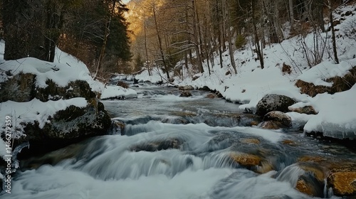 Winter mountain stream cascading through snowy landscape.