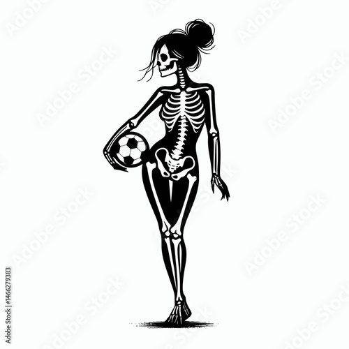 Female Skeleton with Messy Bun Basketball. Clipart silhouette vector illustration. Woman skull in disarray hairdo dribbling orange sphere for court game.