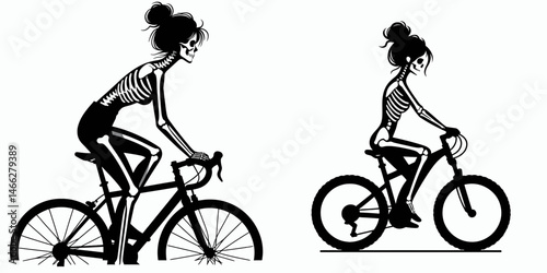 Female Skeleton with Messy Bun Biking. Clipart silhouette vector illustration. Woman bony structure untidy chignon cycling leisure ride action.