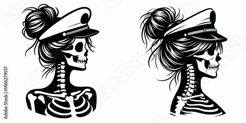 Female Skeleton with Messy Bun Captain. Clipart silhouette vector illustration. Undead woman leader disarrayed hairstyle skull figure nautical theme.