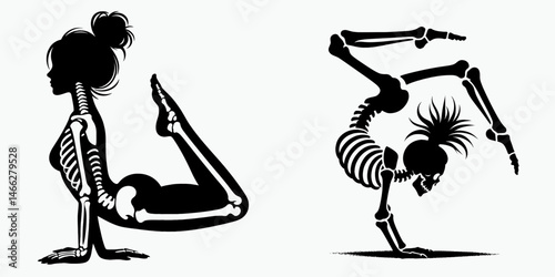 Female Skeleton with Messy Bun Cartwheel. Clipart silhouette vector illustration. Womans bone structure disheveled topknot acrobatic tumble illustration.