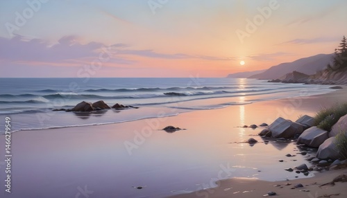 The warm sunset paints the ocean, sandy beach, and coastline in a soft, romantic embrace.