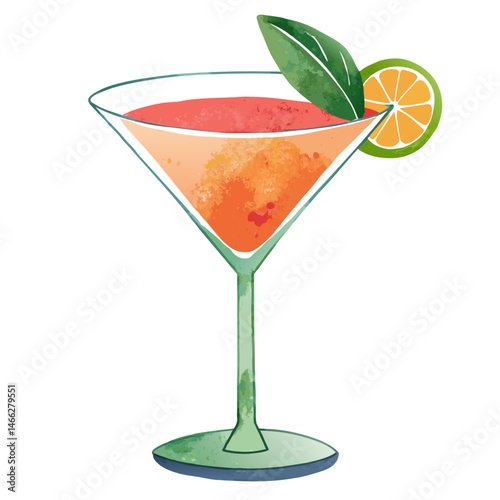 cocktail in martini glass, watercolor illustration