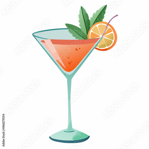 cocktail in martini glass, watercolor illustration