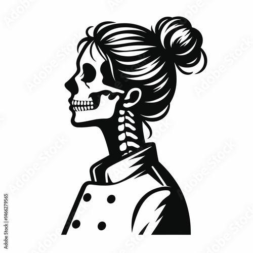 Female Skeleton with Messy Bun Chef. Clipart silhouette vector illustration. Undead woman baker disheveled coiled hair culinary arts theme.