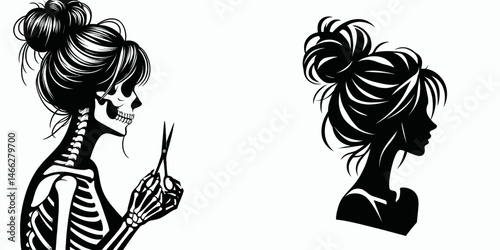 Female Skeleton with Messy Bun Crafting. Clipart silhouette vector illustration. Woman bony structure untidy chignon diy project creative hobby making.