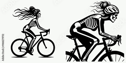 Female Skeleton with Messy Bun Cyclist. Clipart silhouette vector illustration. Woman skeletal figure in disarrayed updo biking sporty mortal remains.