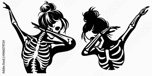 Female Skeleton with Messy Bun Dabbing. Clipart silhouette vector illustration. Woman cranium loose chignon gesturing a hip hop move humor image.