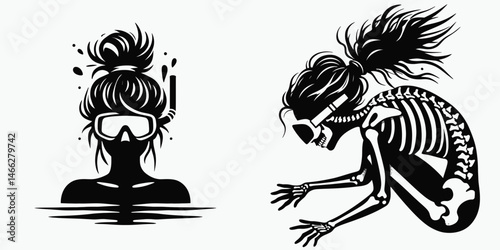 Female Skeleton with Messy Bun Diver. Clipart silhouette vector illustration. Lady bony figure untidy knot hair underwater explorer swimming recreation.