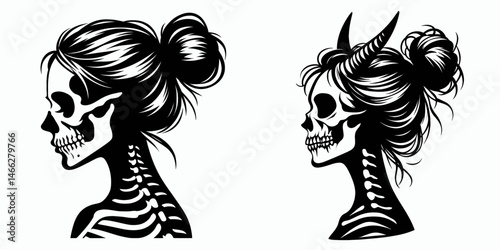 Female Skeleton with Messy Bun Demon. Clipart silhouette vector illustration. Ladys bony frame sporting disarrayed hair knot fiendish spirit.