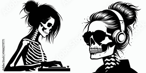 Female Skeleton with Messy Bun DJ. Clipart silhouette vector illustration. Bone woman casual hair twist disc jockey audio entertainment concept.