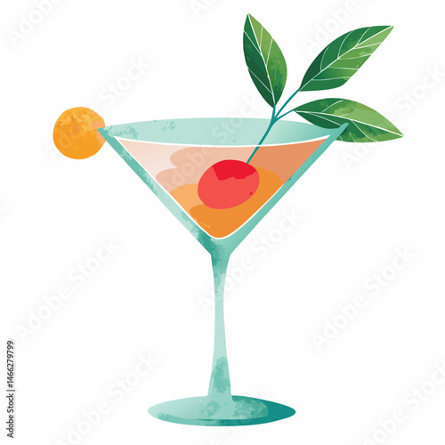 cocktail in martini glass, watercolor illustration