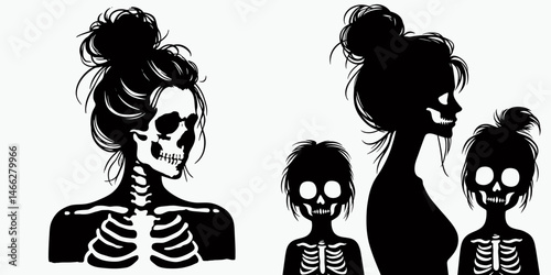 Female Skeleton with Messy Bun Family. Clipart silhouette vector illustration. Woman bone figure hairstyle kin domestic unit picture cranium humor art.