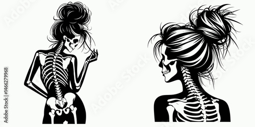 Female Skeleton with Messy Bun Fencing. Clipart silhouette vector illustration. Woman cranium untidy coil battling foils weapon combat.